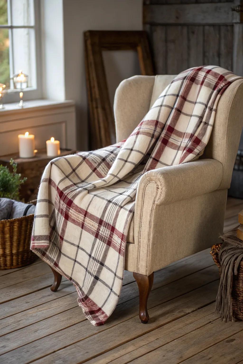 A cozy flannel throw blanket perfect for chilly evenings.