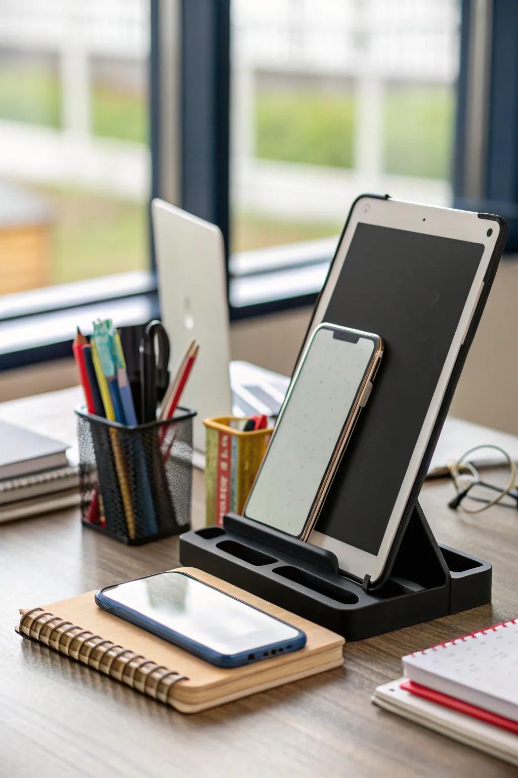 A handy tech stand keeping all gadgets within reach and organized.