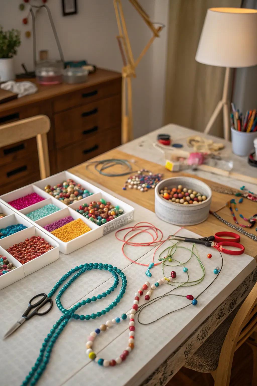 A delightful jewelry-making station perfect for creative kids.