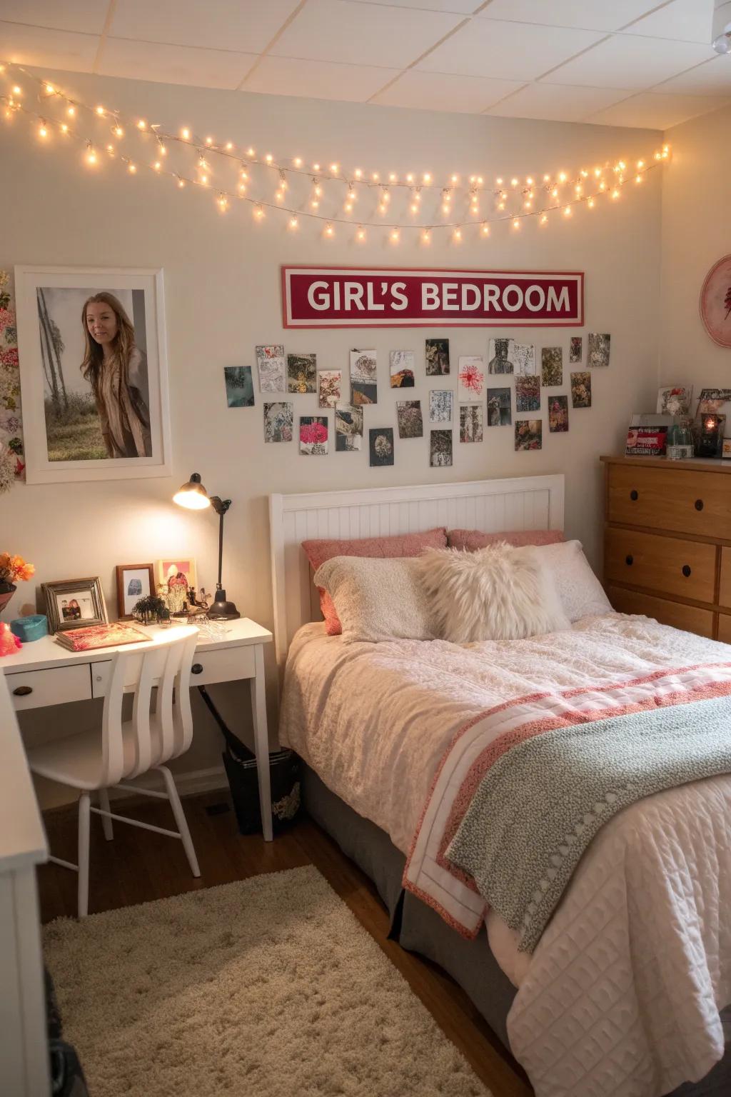 A girl's bedroom featuring a personalized name sign, adding a special touch.