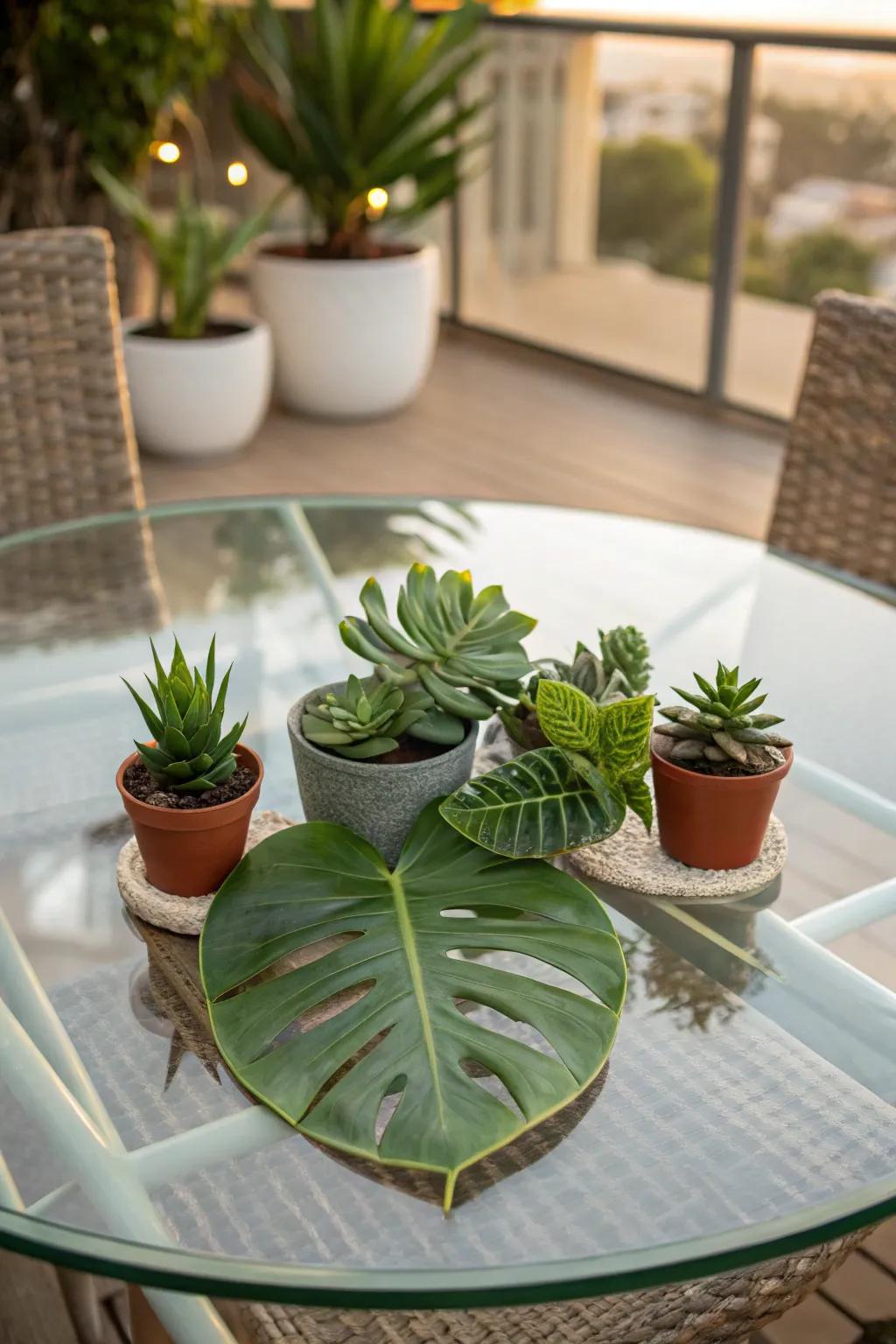 Lush greenery adding life to a glass dining table.