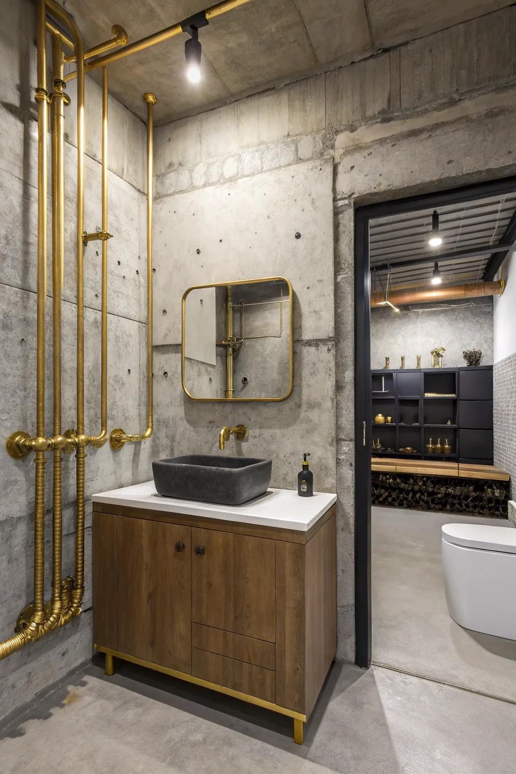 An industrial chic bathroom with gold accents.