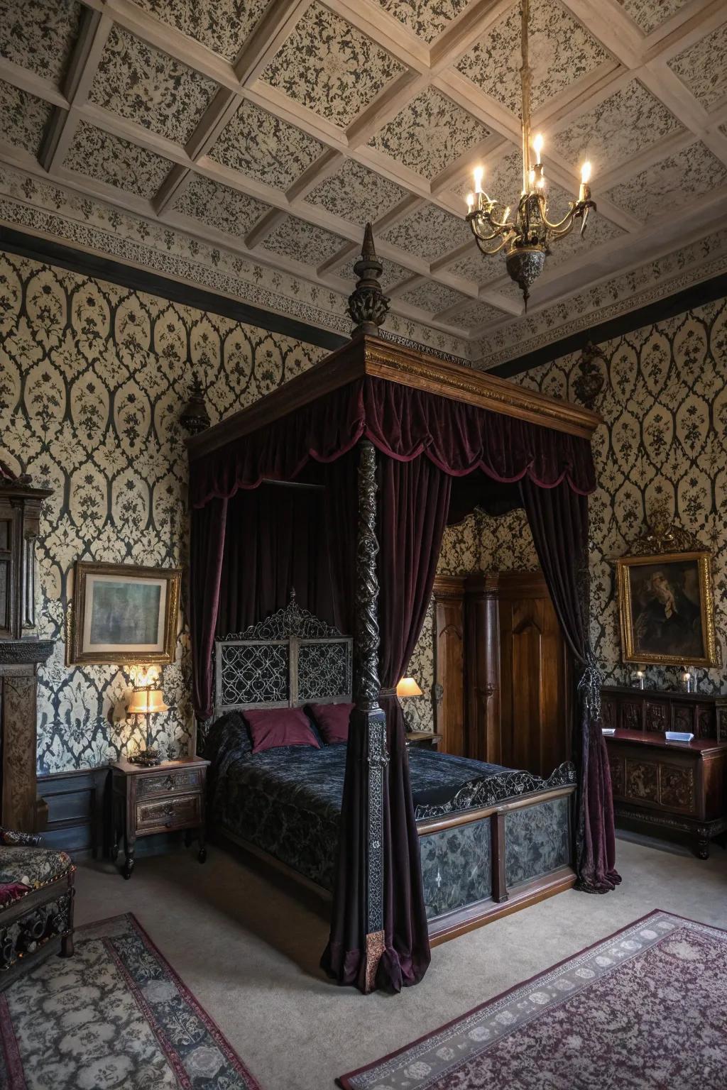 Gothic wallpaper enhances the room's drama and depth.