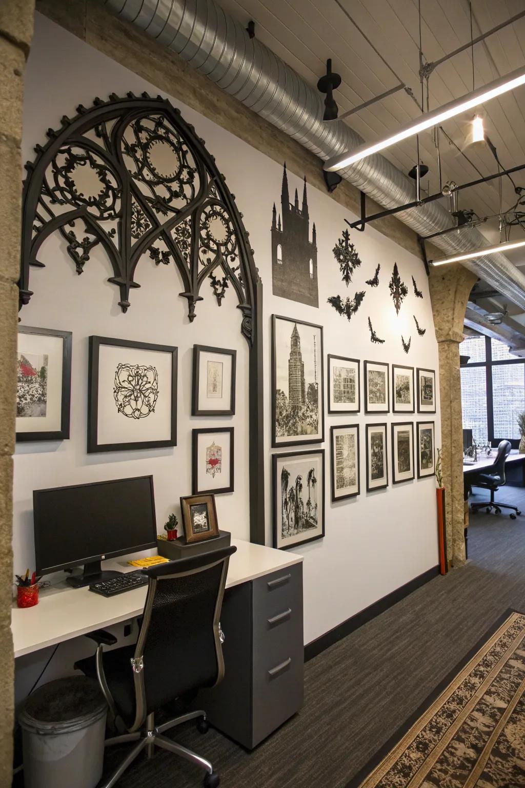 A gallery wall with dramatic art can be a focal point in a Gothic office.