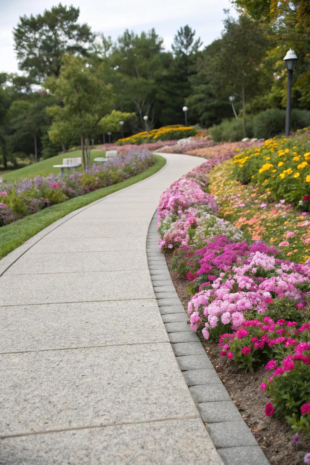 Granite walkway bordered by vibrant flowers.