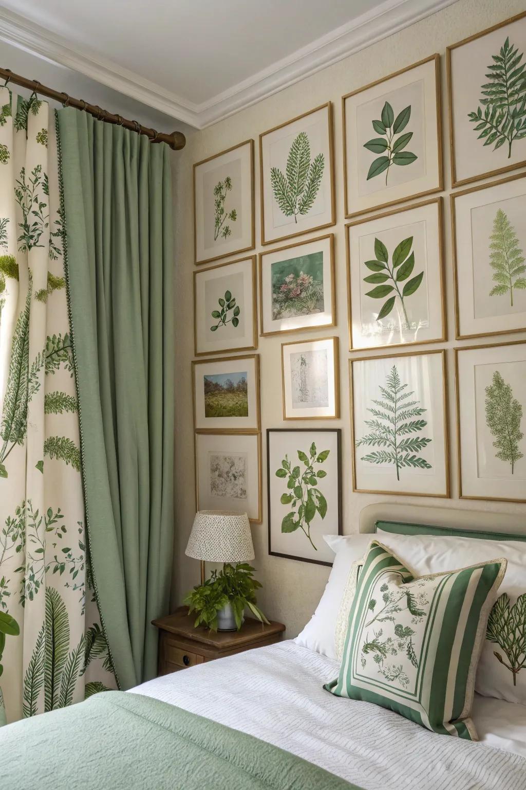 Botanical prints in green tones add a natural and calming vibe.