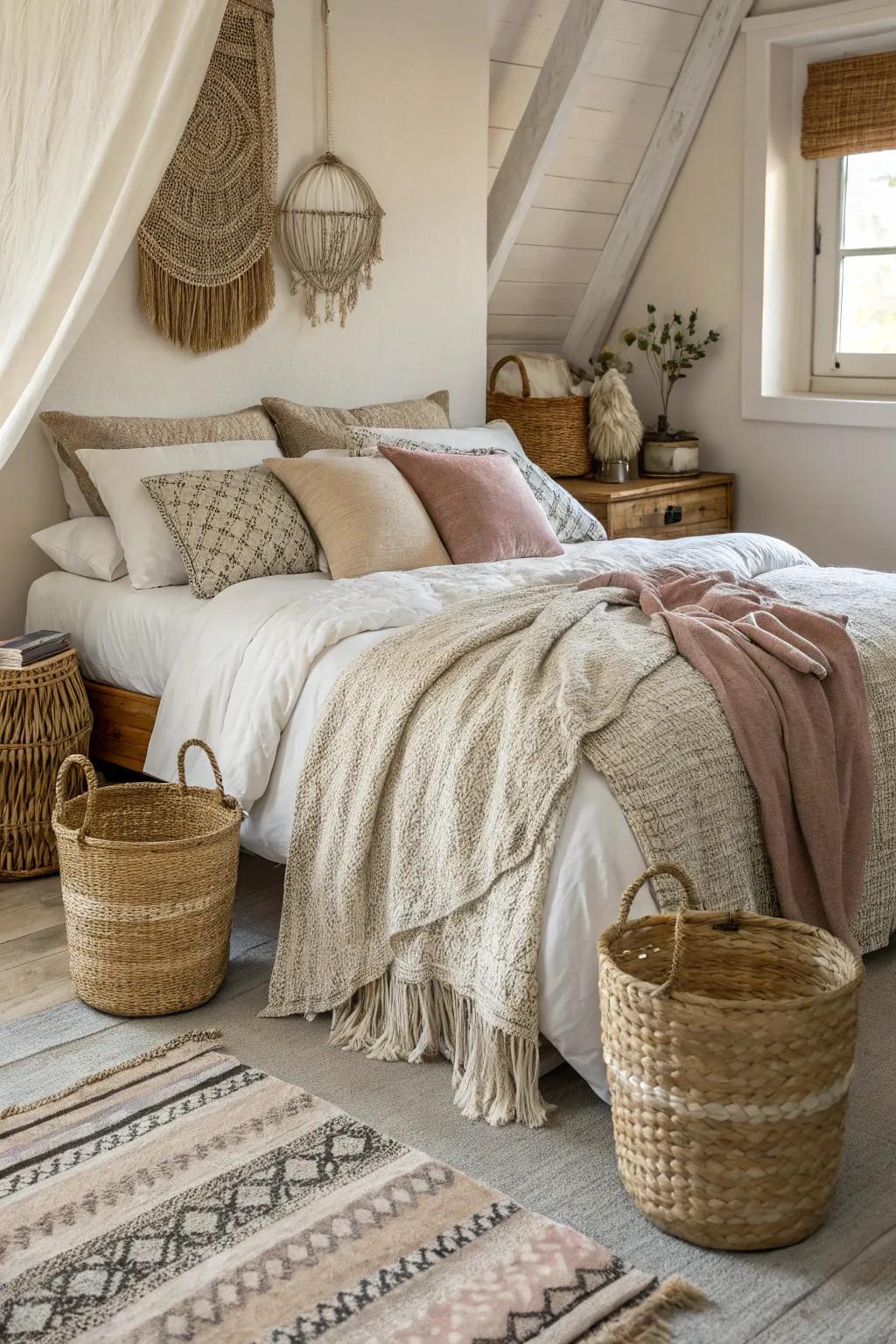 Layered textures add richness and warmth, making the bedroom feel cozy and inviting.