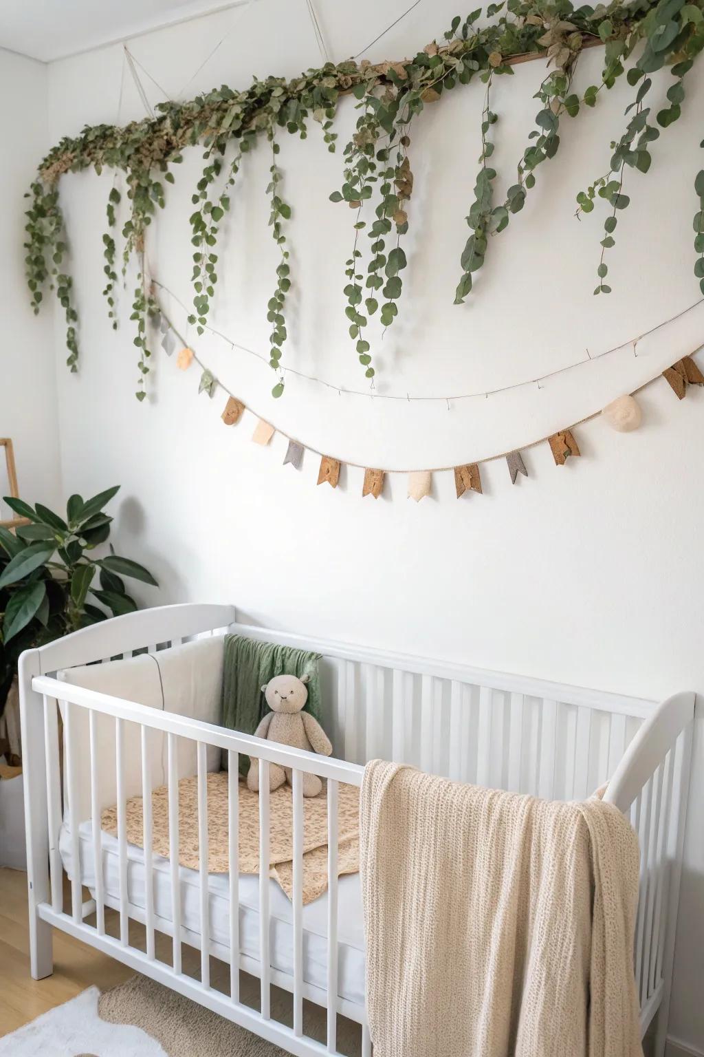 A minimalist nursery featuring a charming string of greenery.