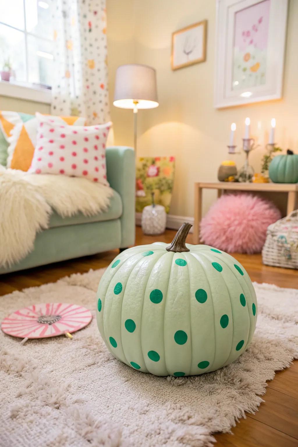 Whimsical polka dot green pumpkin bringing joy to the guest room.