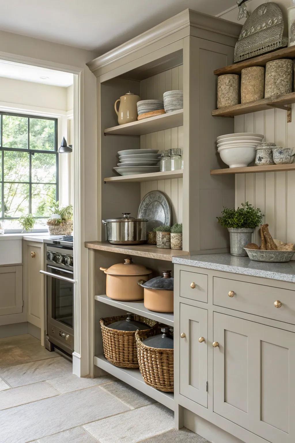 Beige and grey open shelving keeps the kitchen light and airy.