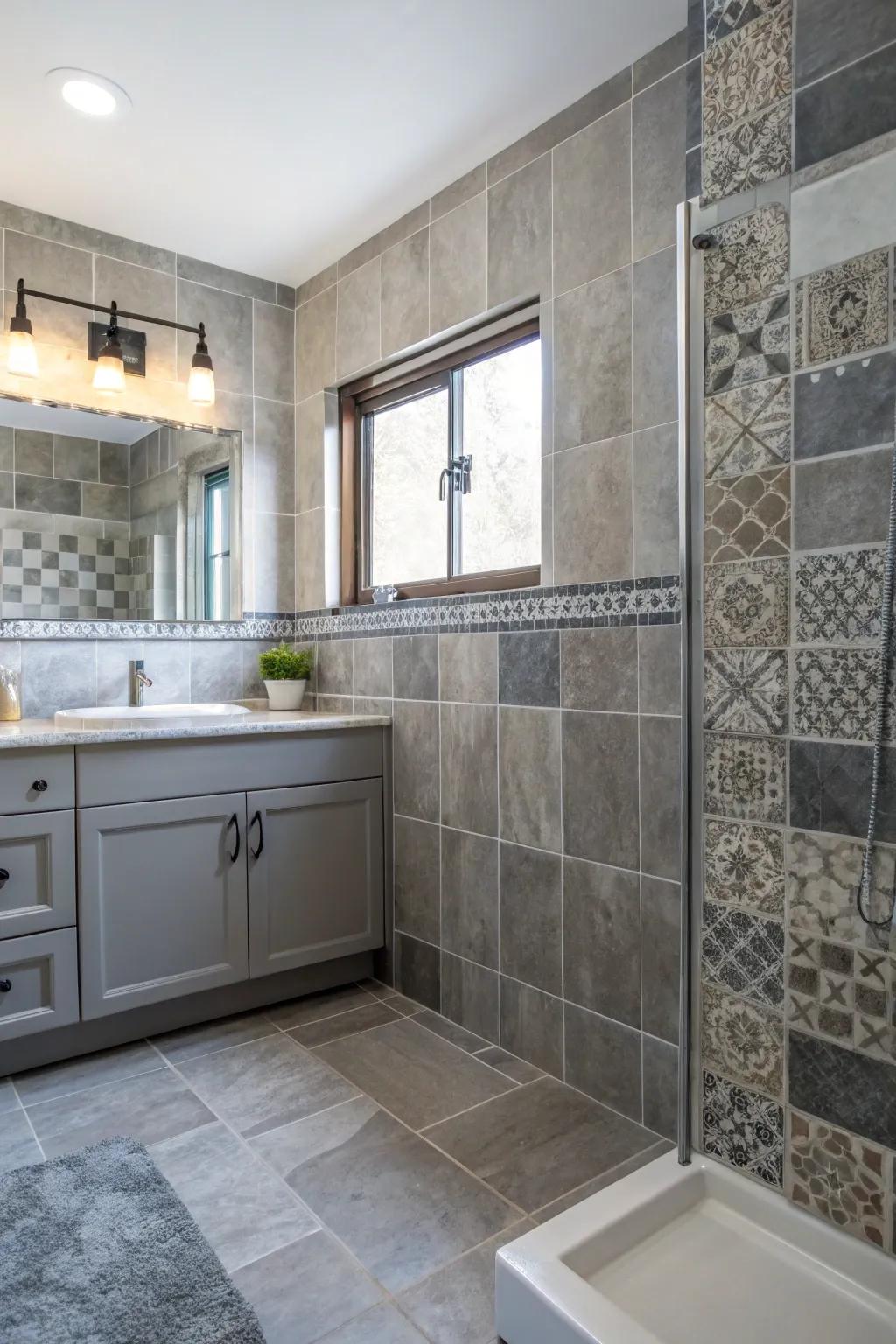 Varied gray tones and patterns bring dimension and interest to your bathroom.