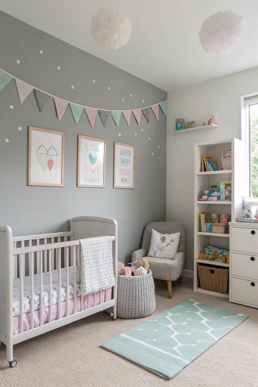 A soft grey palette creates a tranquil nursery environment.