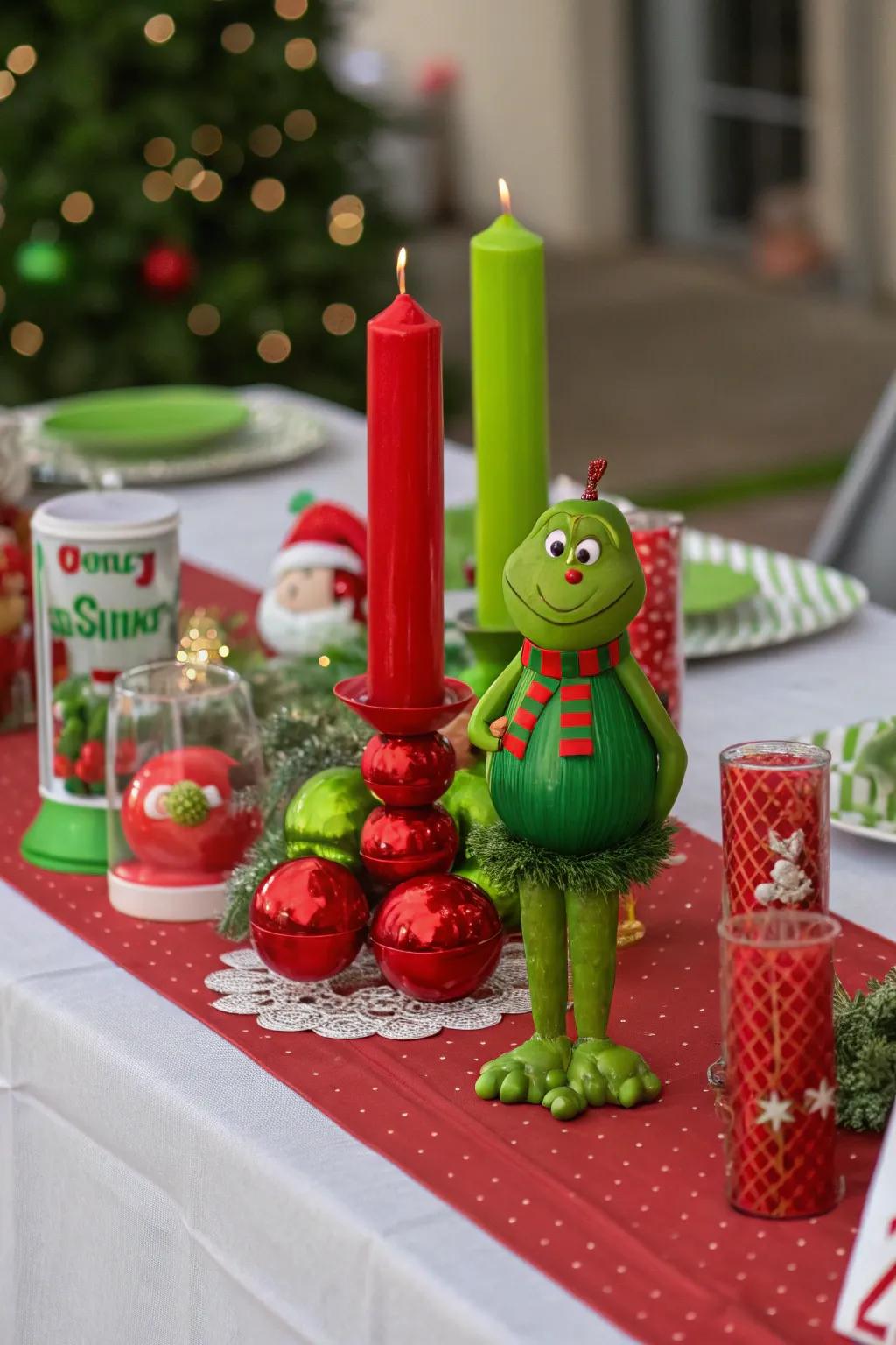 Red and green ornaments scattered across the Grinch-themed table.