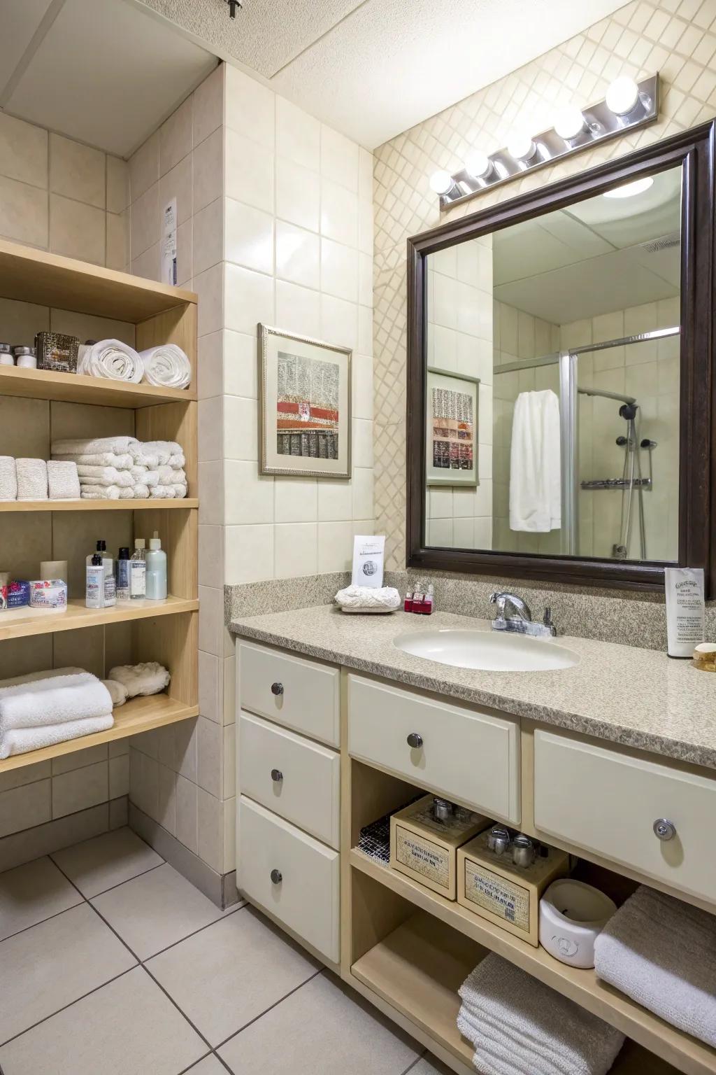 Provide ample storage to keep the guest restroom neat and organized.