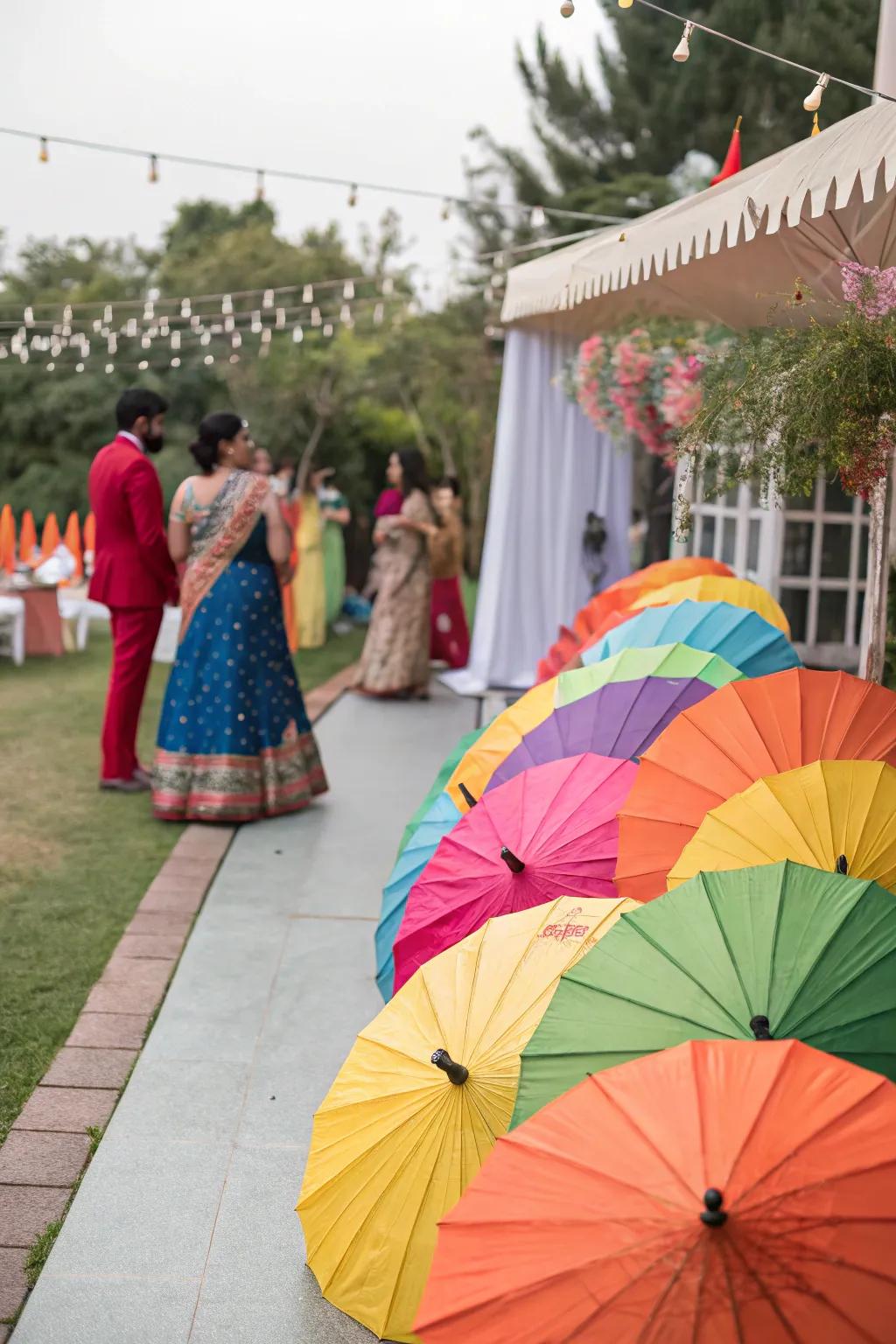 Traditional umbrellas adding a festive touch to the half saree function decor.