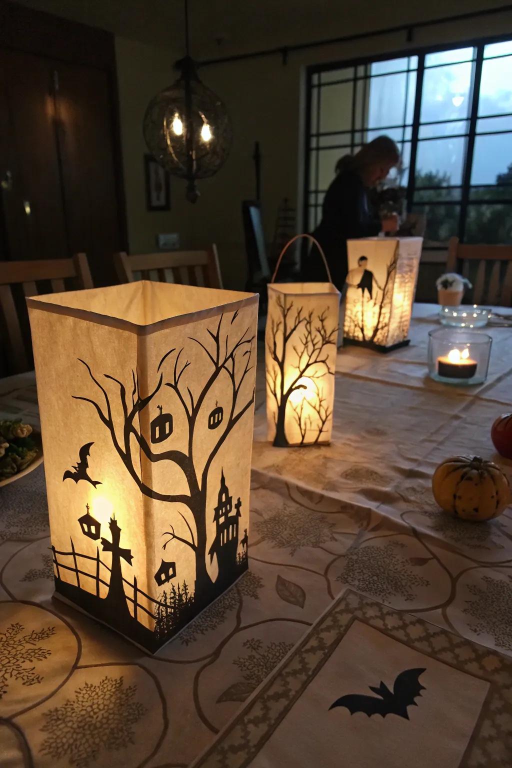 Vellum table lanterns casting eerie shadows for a spooky atmosphere.