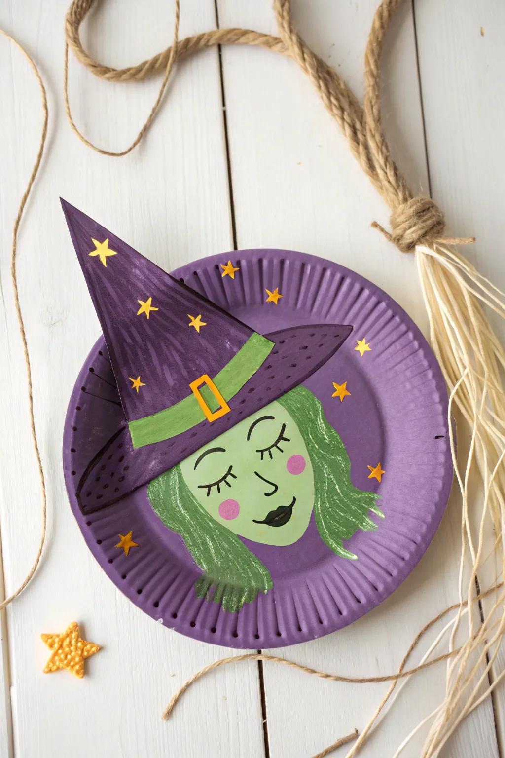 Unleash creativity with this charming paper plate witch, a perfect blend of bold colors and minimalist design for your Halloween crafts.