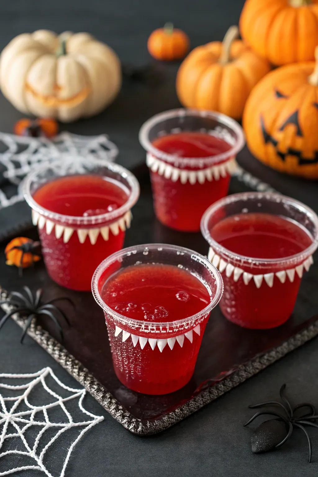 Vampire blood juice cups adding a chilling refreshment to your gathering.