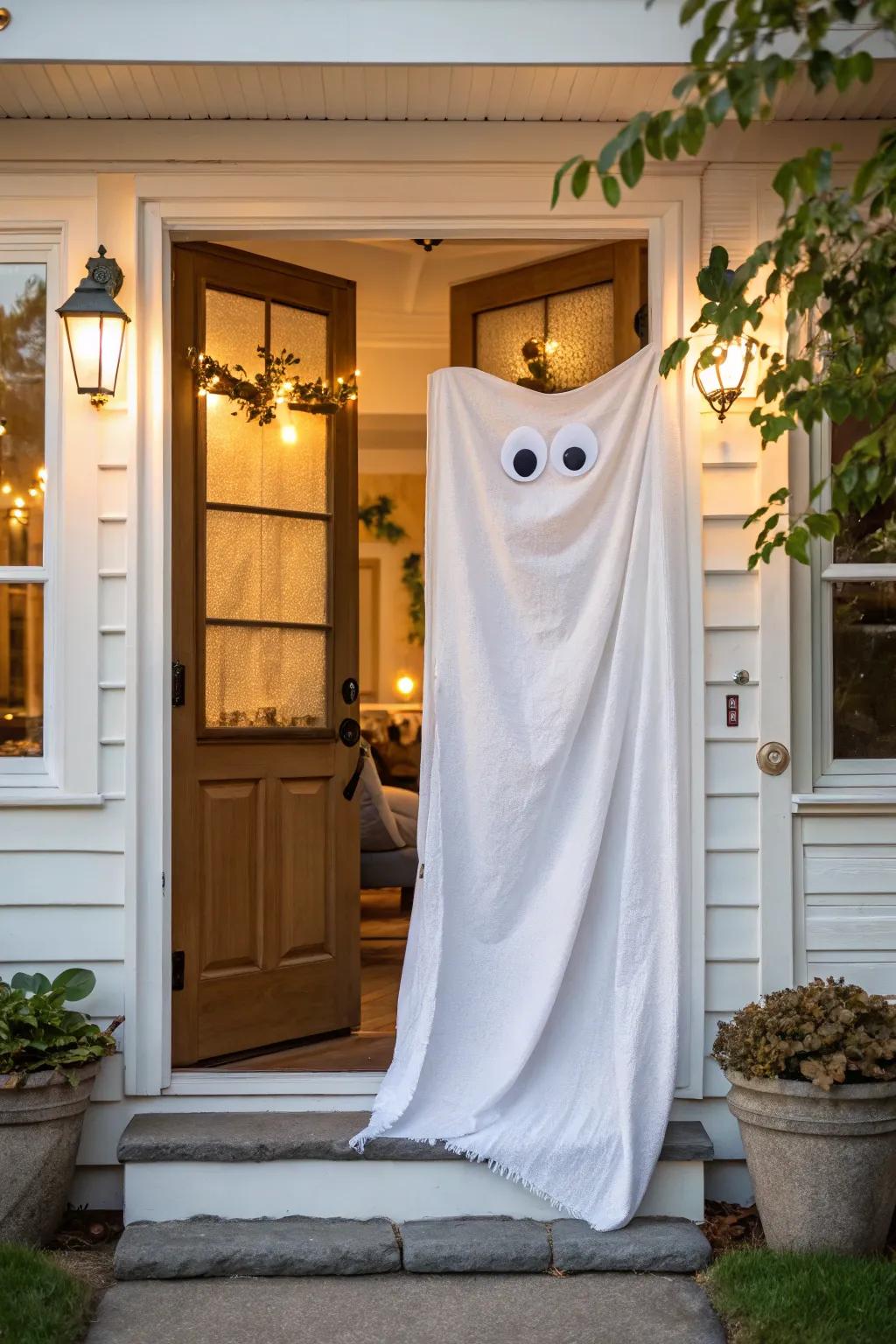 A mummy-wrapped door is a playful nod to Halloween.