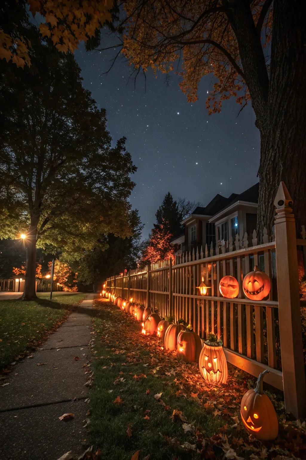 Glowing pumpkins bring a festive touch to your fence.