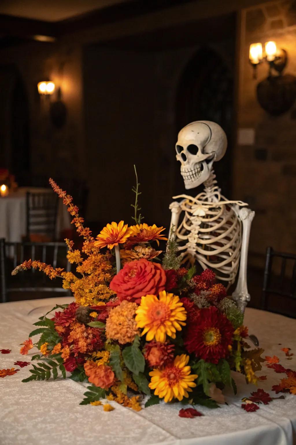 A skeleton centerpiece mixes beauty with eerie charm.