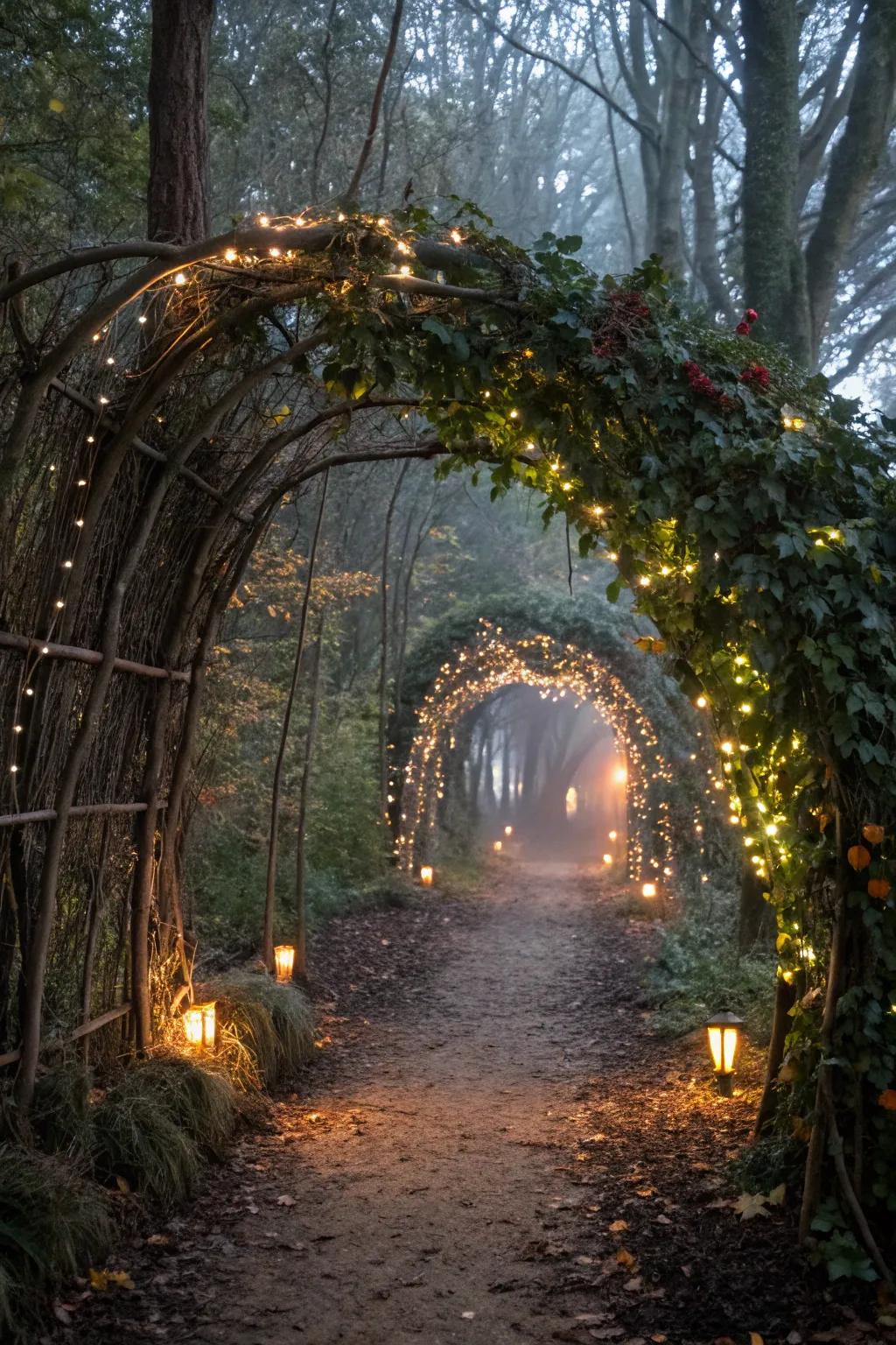 An enchanted forest tunnel offers a magical twist on traditional Halloween decor.