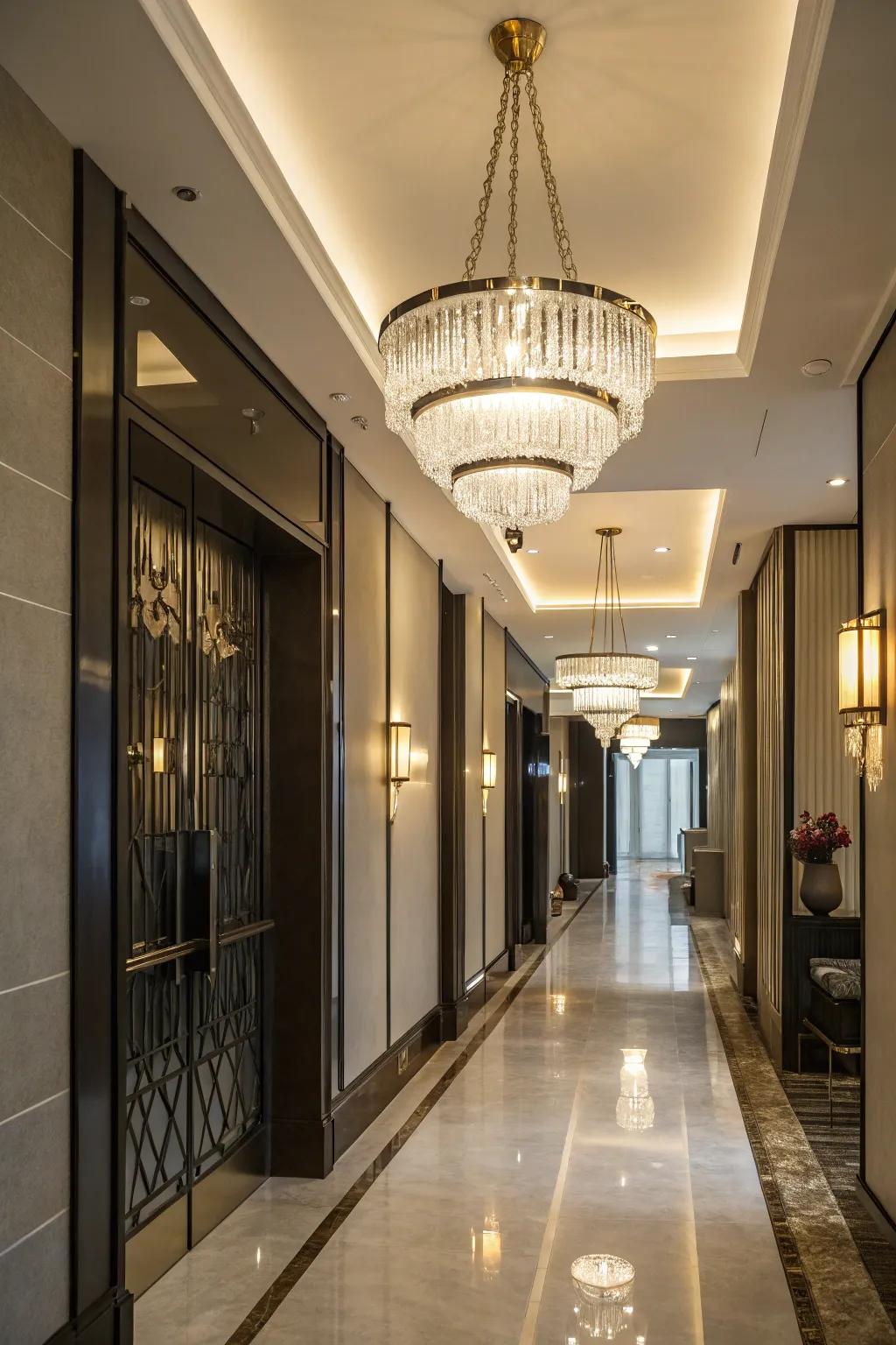 A stylish pendant light fixture adds a touch of elegance to the hallway.