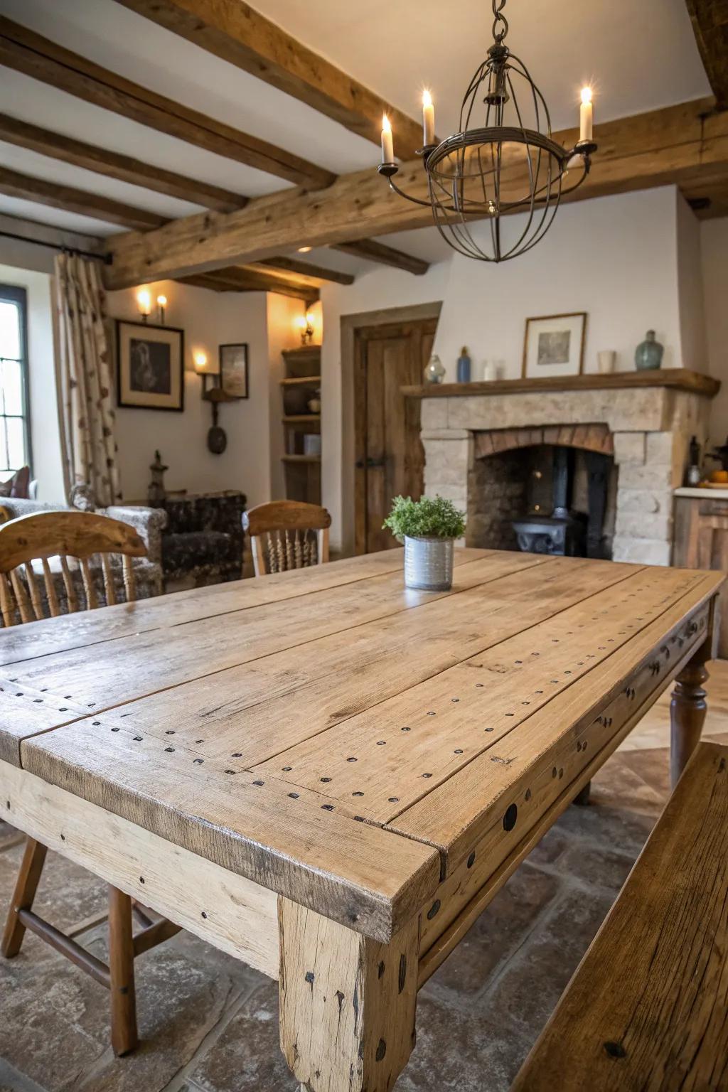 A distressed hand painted table adds vintage charm.