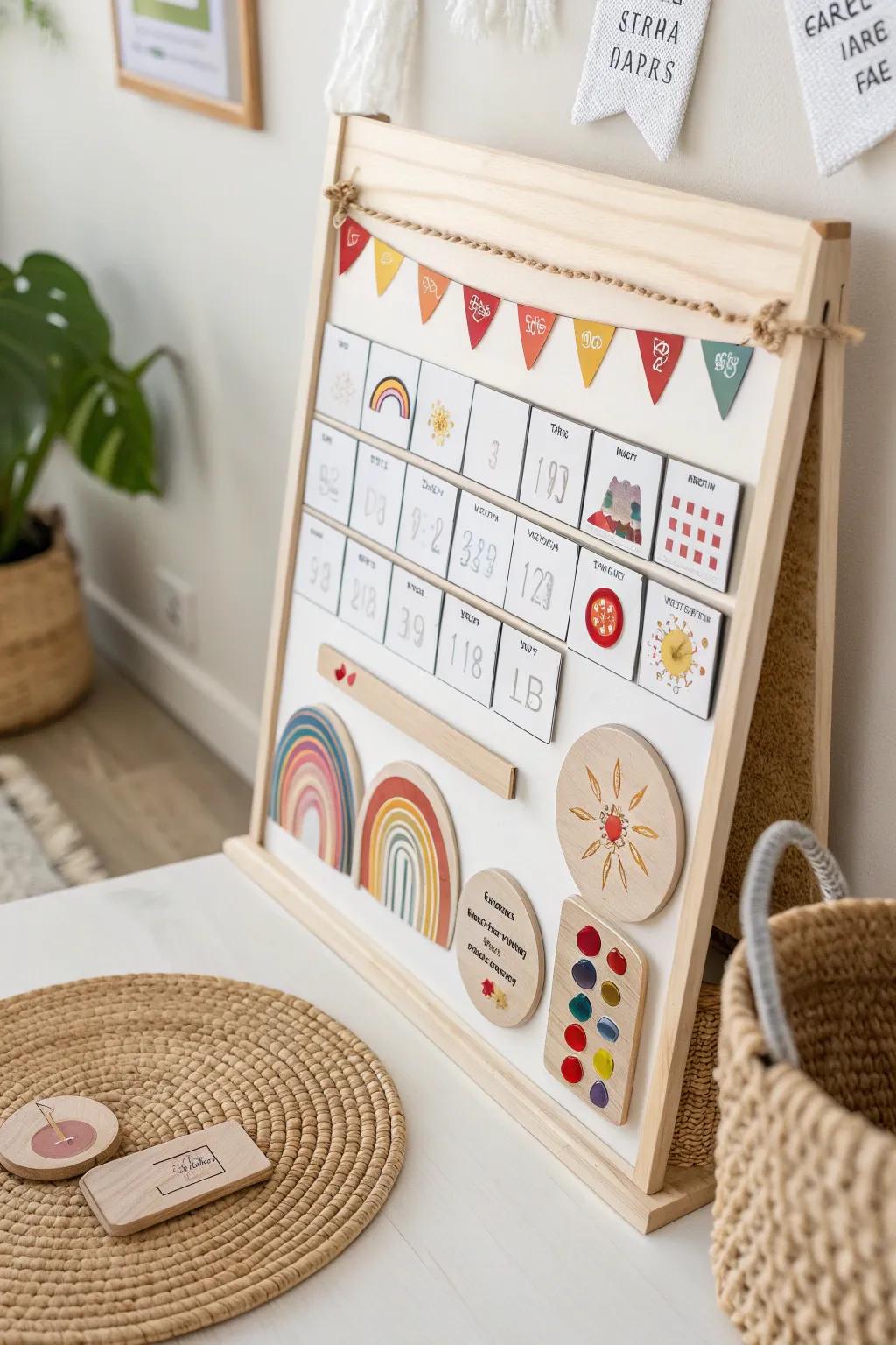 Engage young minds with a beautifully crafted magnetic calendar board that combines simplicity and playful interaction.