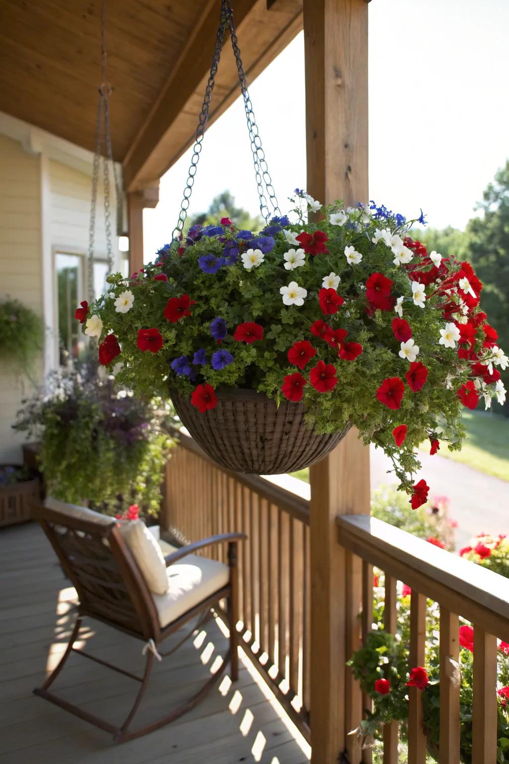 Patriotic flair with a colorful hanging basket.