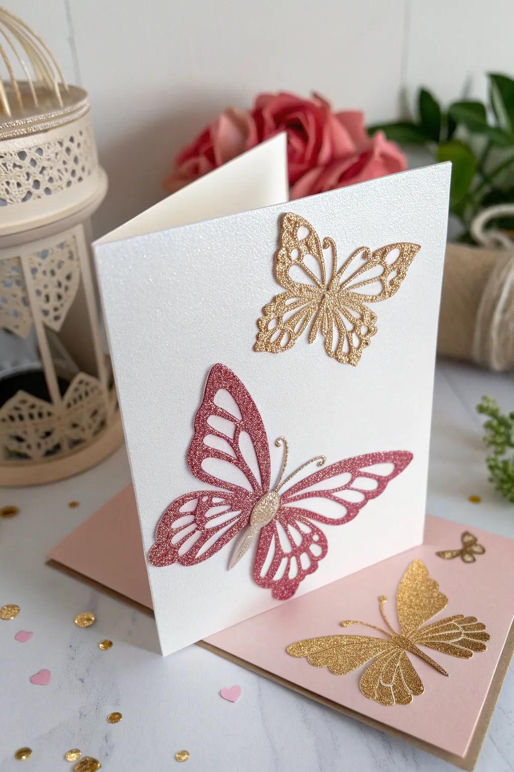 Add a whimsical touch to your Women's Day card with enchanting butterfly embellishments.
