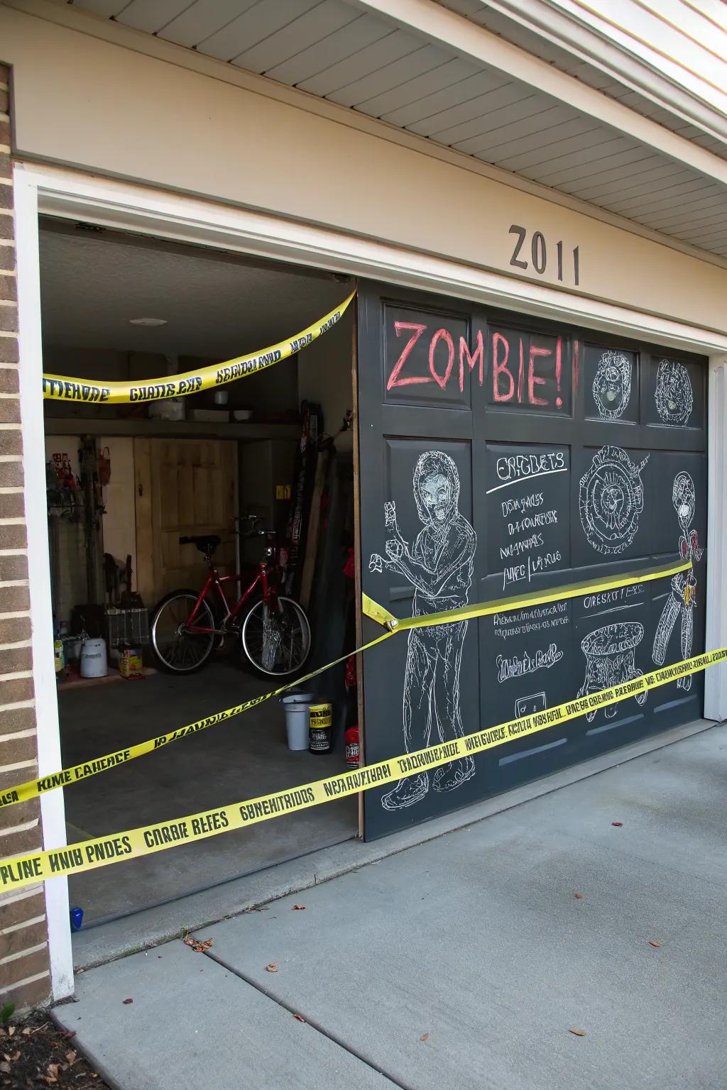 A zombie-themed garage door adds to the fright.