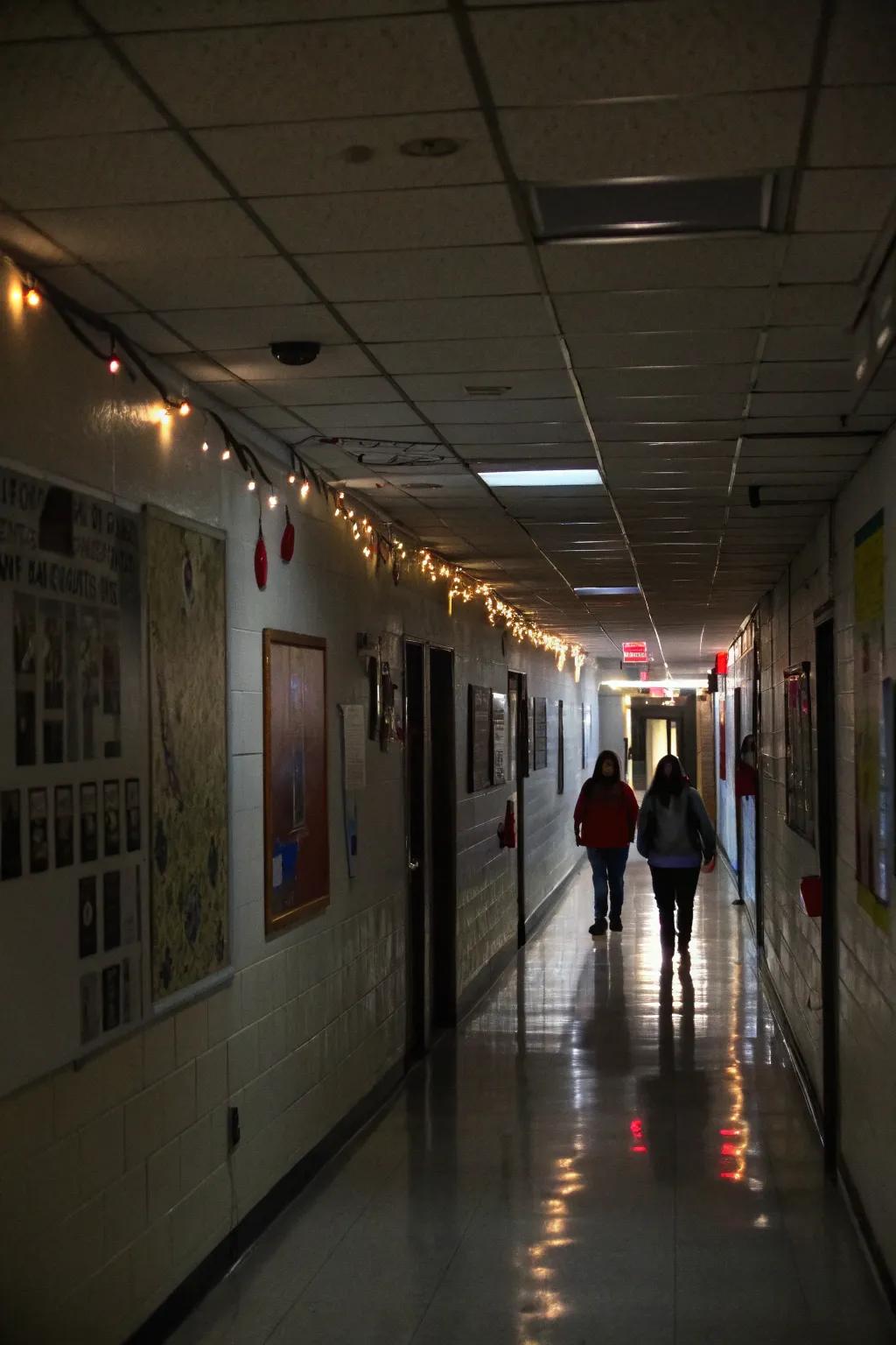 A corridor with wailing walls and flickering lights for a spooky effect.