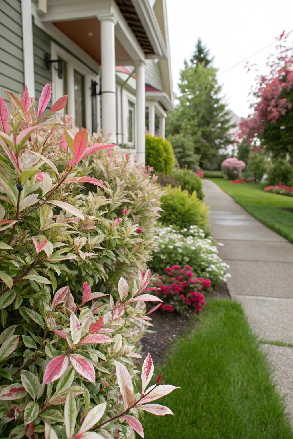 Tri-color dappled willow hedges adding vibrant color to the front yard.