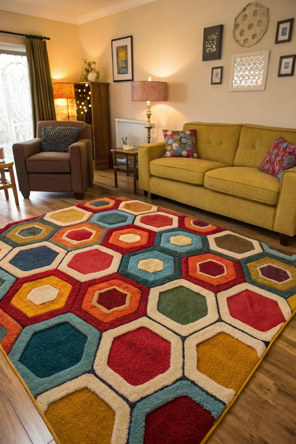 Hexagon rugs add vibrant accents to your space.