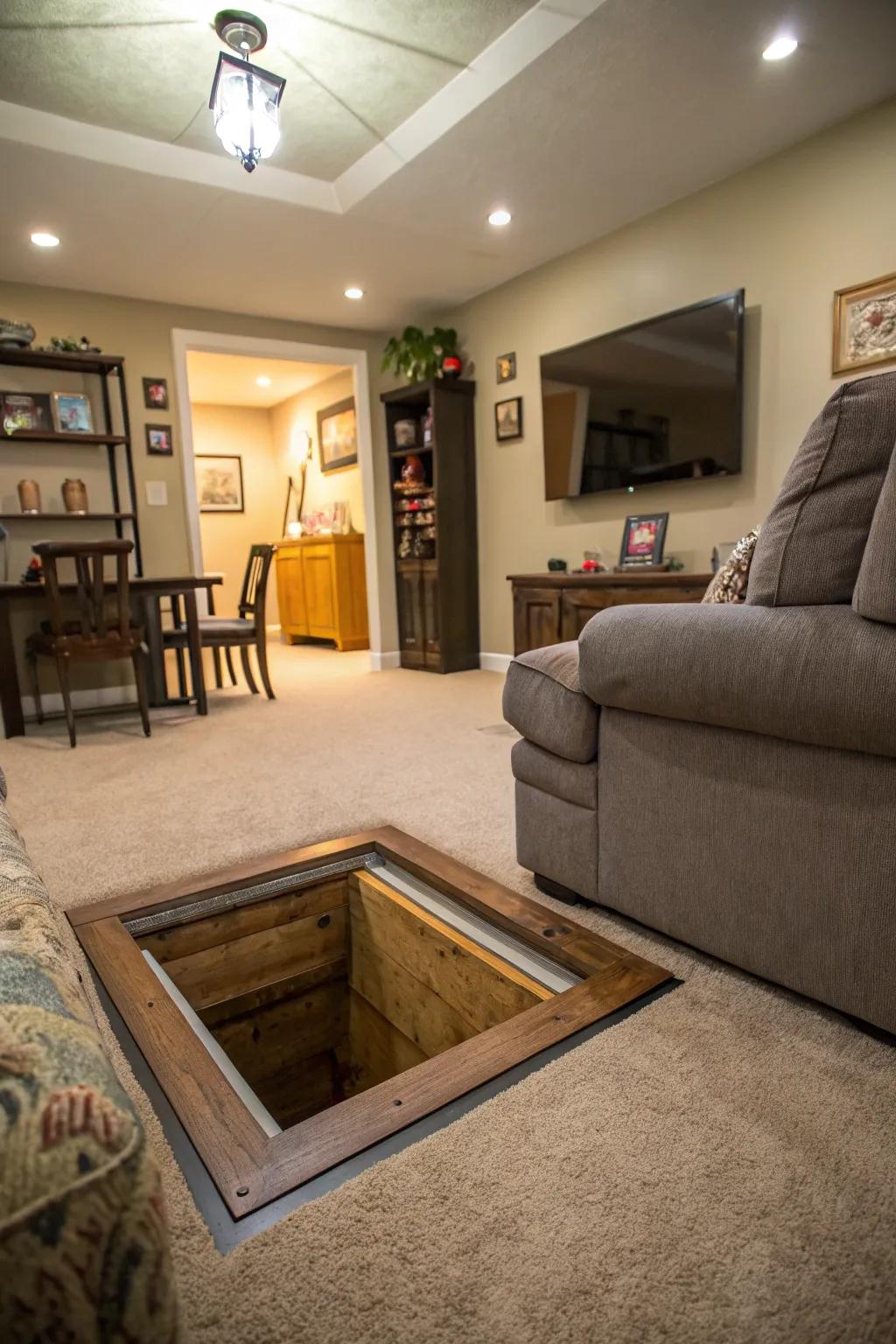 A floor hatch door to a hidden space