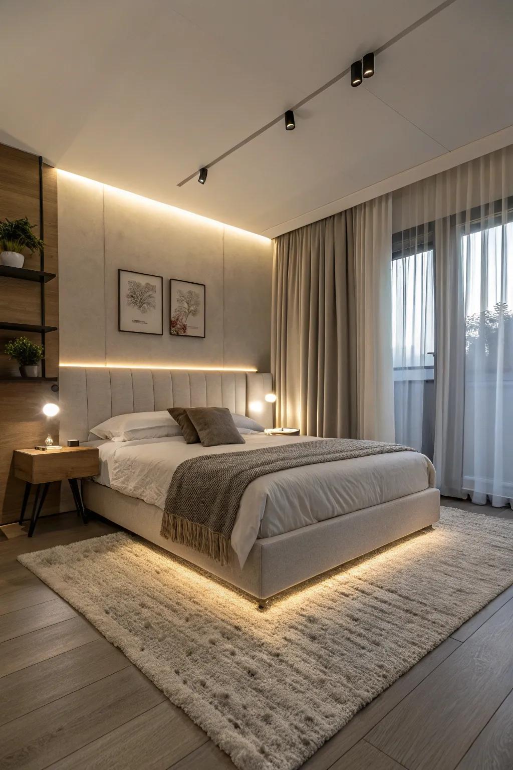 A bedroom with under-bed lighting creating a soft glow.