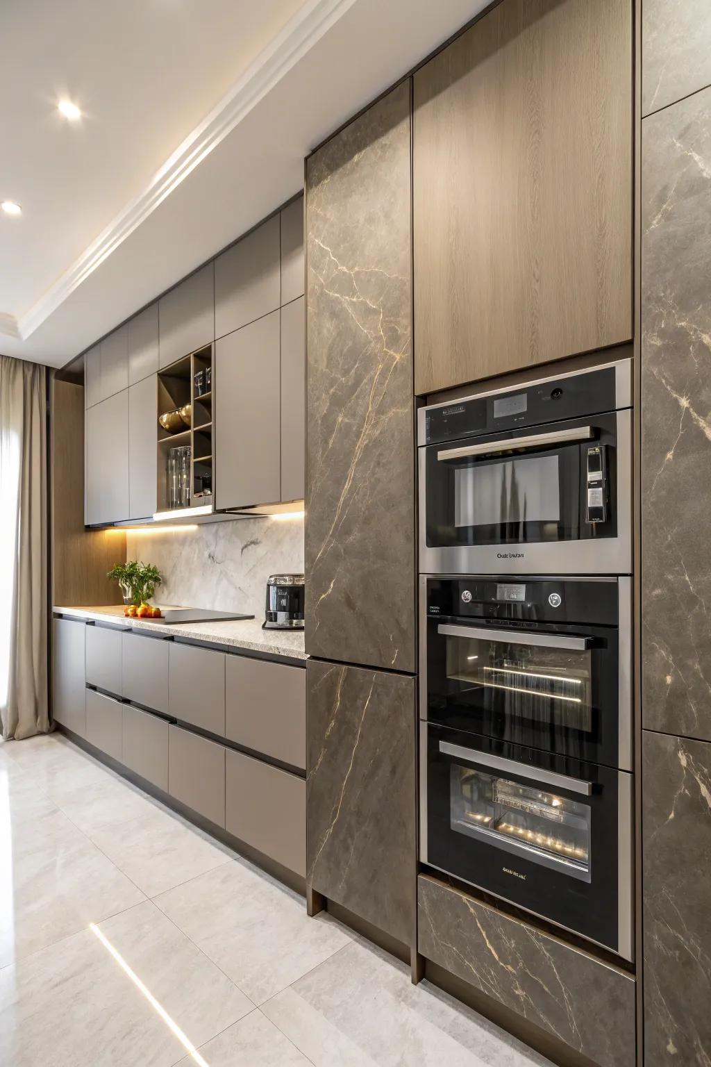 A wall oven setup can elegantly integrate your microwave into the kitchen.