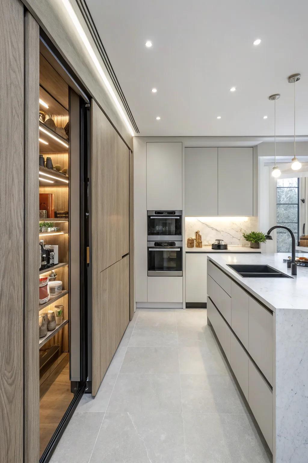 A hidden pantry door enhances the sleek look of this modern kitchen.