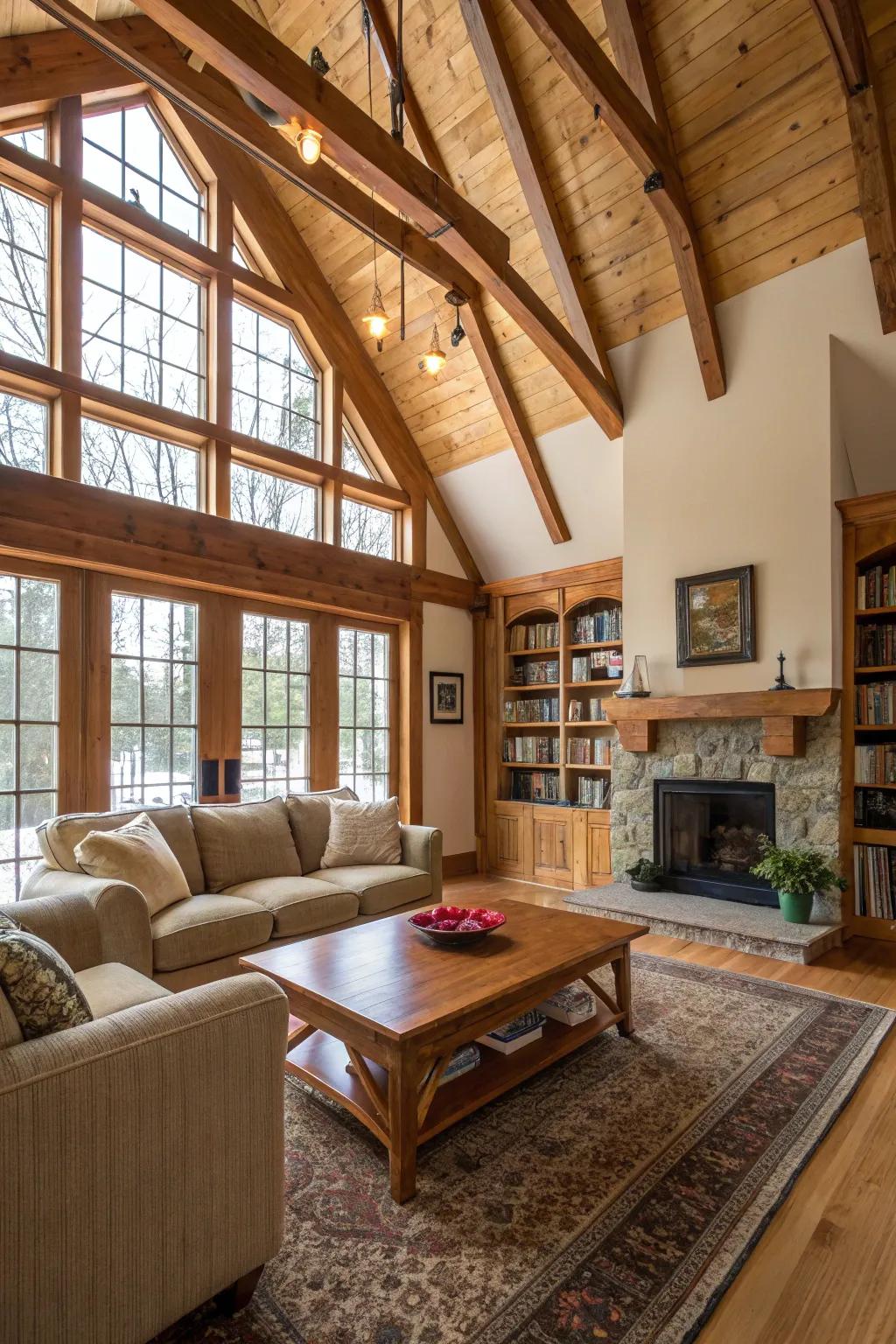 Exposed beams add warmth and texture to high-ceilinged living rooms.