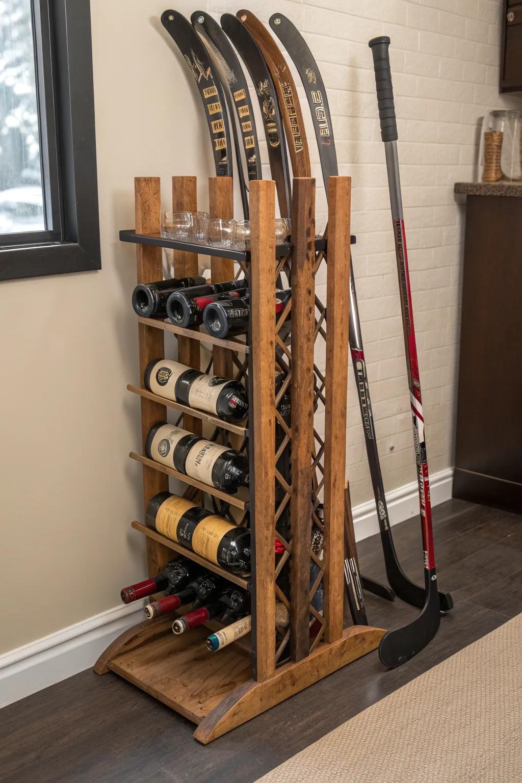 A touch of craftsmanship: Transform hockey sticks into a chic wine rack centerpiece.