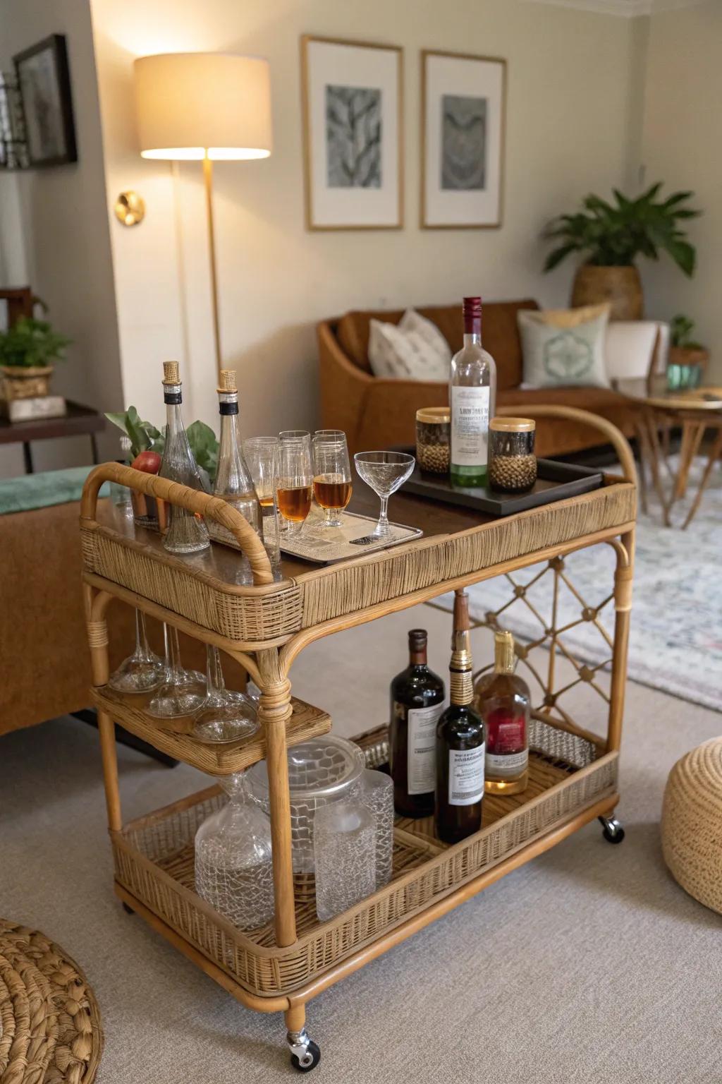 A rattan bar cart adds vintage charm and versatility to your space.