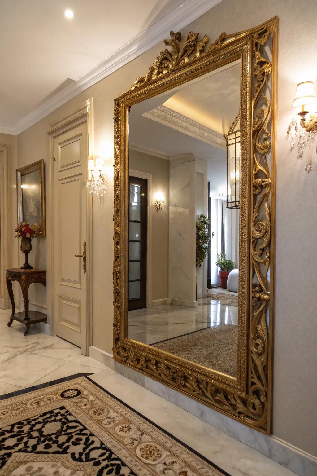 A decorative mirror enhances light and adds a stylish touch.