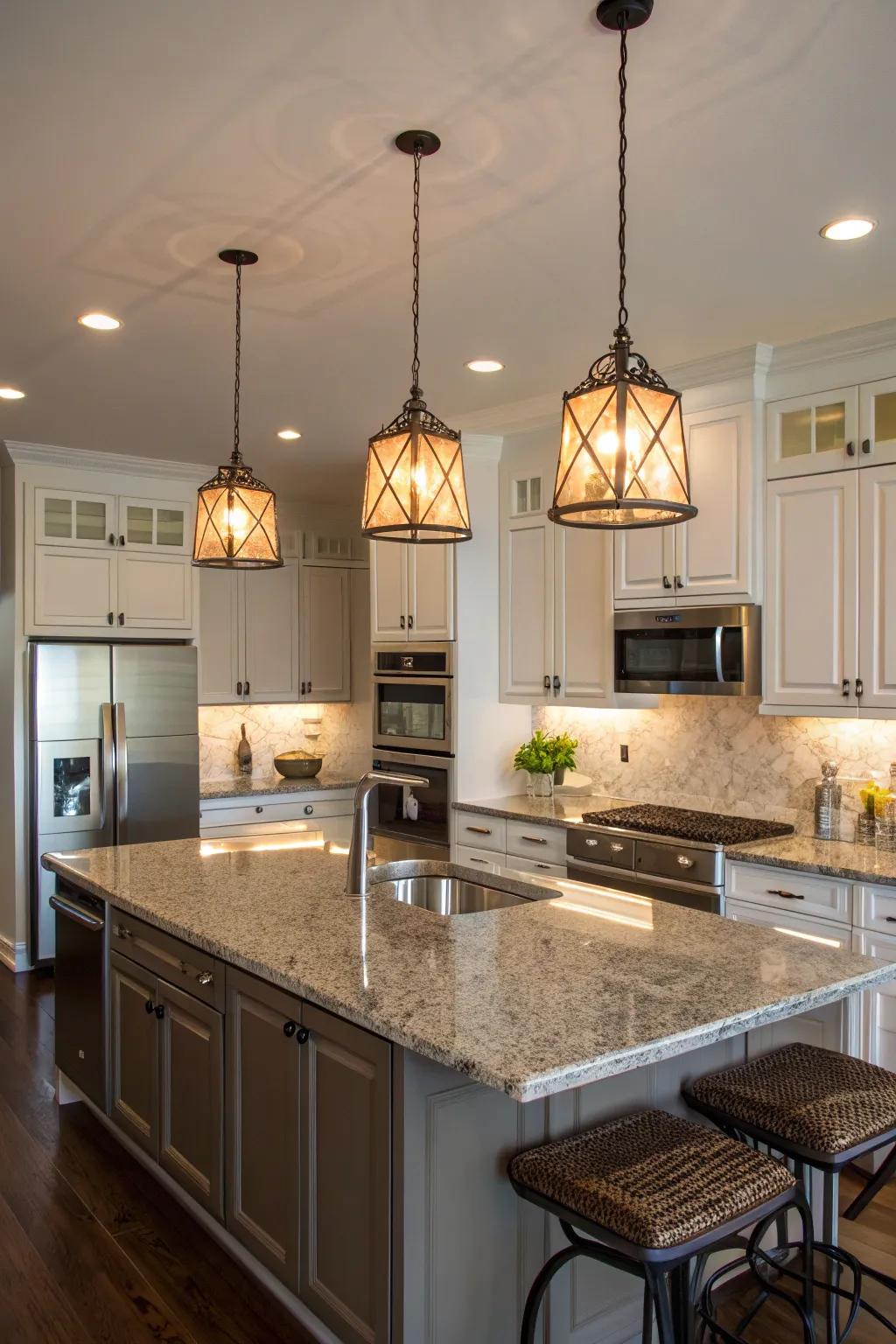 Pendant lights add style and function to a kitchen island.