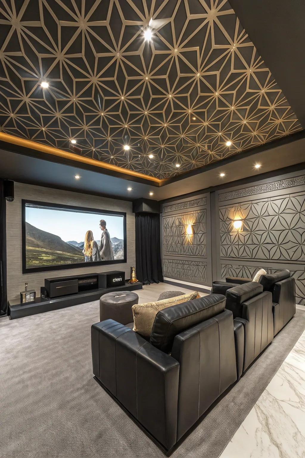 Geometric patterns bring a modern edge to your theater ceiling.