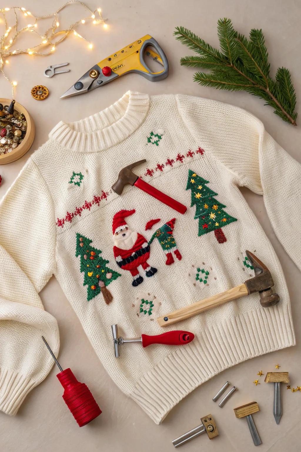 Embrace the holiday spirit with a whimsical twist! This DIY sweater brings Santa's workshop to life, perfect for adding a playful touch to your festive wardrobe.