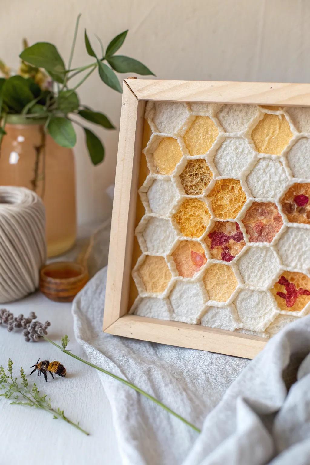 Explore the artistry of mixed media with this stunning honeycomb collage, where simplicity meets vibrant creativity.