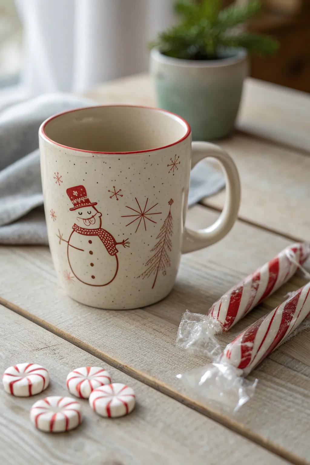 Elevate your gifting with a touch of minimalist charm – a snowman mug paired with peppermint cocoa for a delightful winter treat.