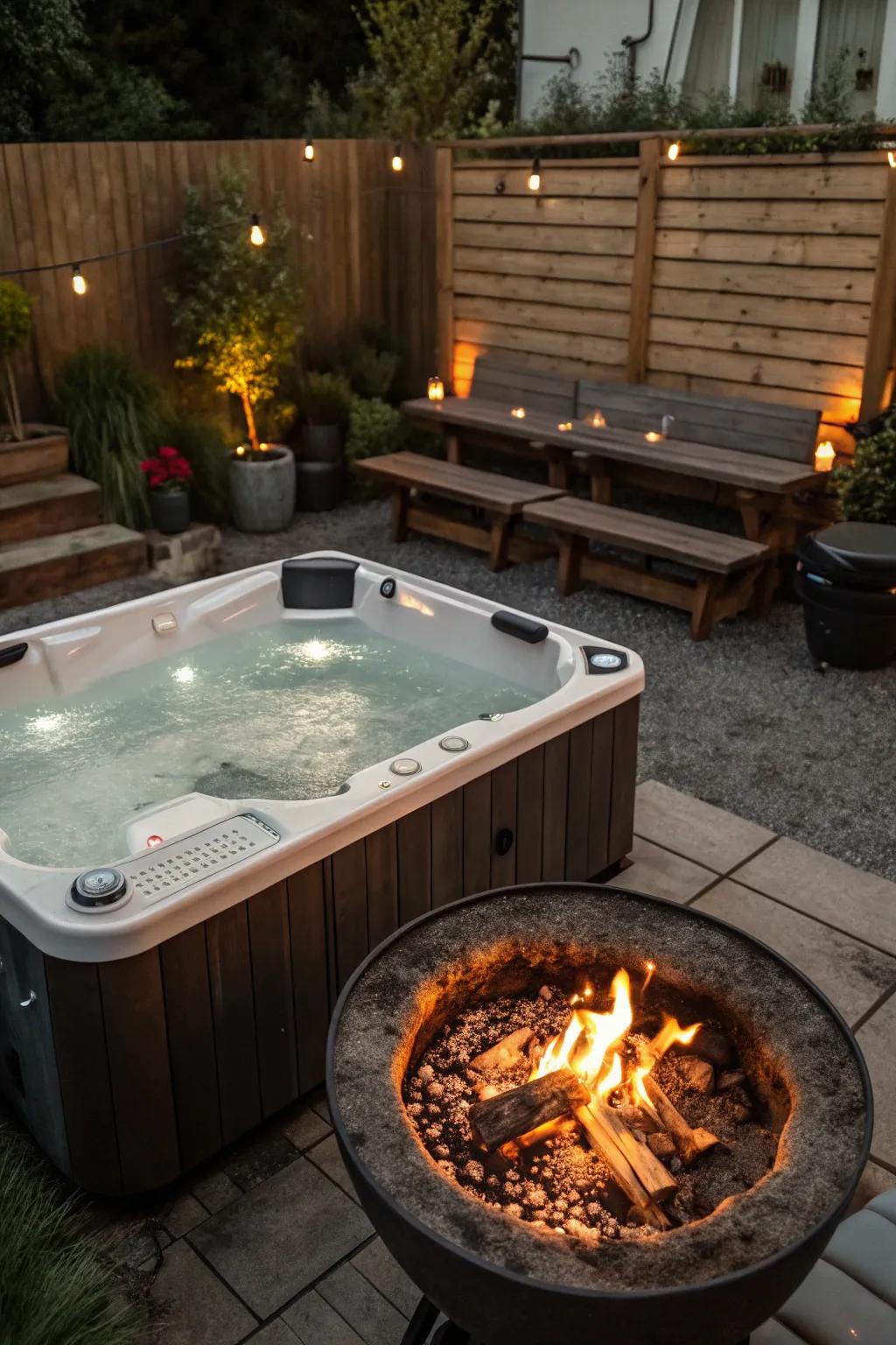 A fire feature adds warmth and ambiance to your hot tub experience.