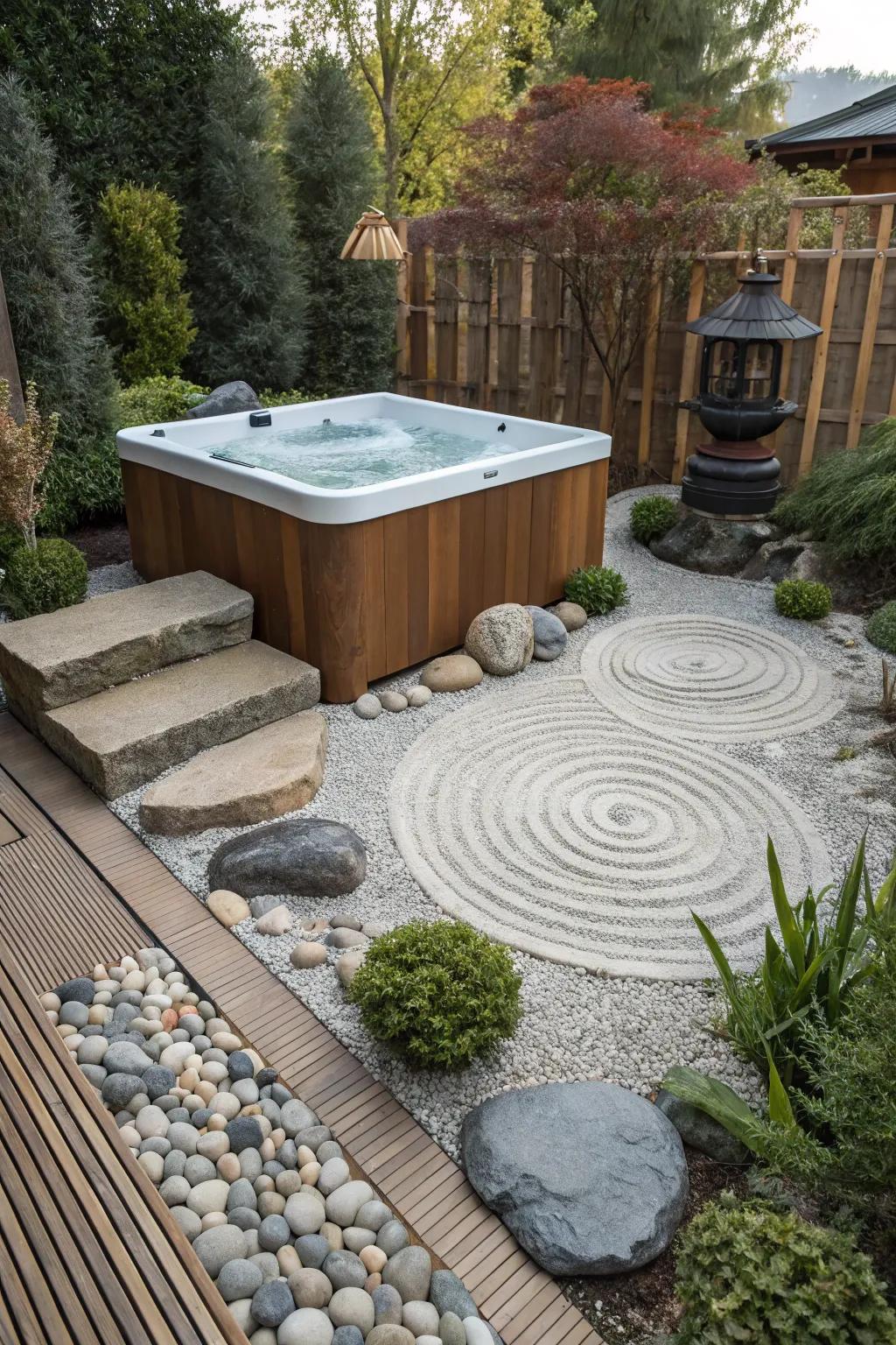 Zen garden elements create a peaceful hot tub retreat.